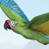 A large green parrot swooping through the sky.