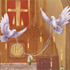 Two beautiful doves carry wedding bells over the heads of the bride or groom to be.
