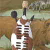 A traditional shield made from cowhide, featuring a hand made mallet and spear. A traditional shield made from cowhide, featuring a hand made mallet and spear.
