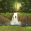 A peaceful clearing in the forest, accented by the flow of a small waterfall.